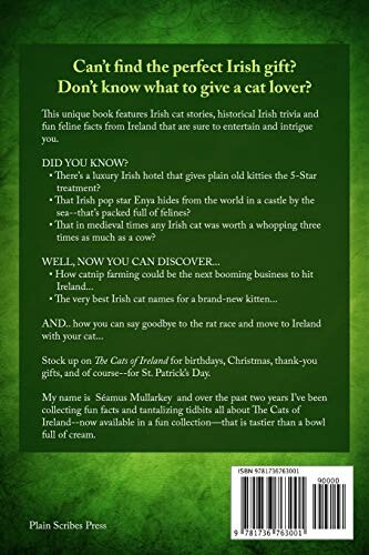 Back cover of a book featuring Irish cat stories and trivia.